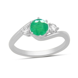 6.0mm Emerald and 1/5 CT. T.W. Lab-Grown Diamond Three Stone Bypass Ring in 14K White Gold