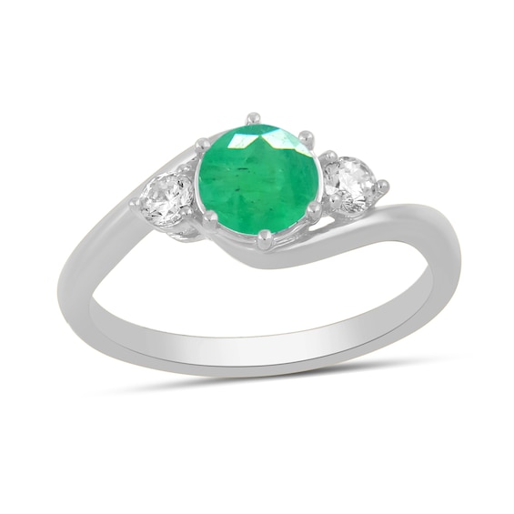 6.0mm Emerald and 1/5 CT. T.w. Lab-Grown Diamond Three Stone Bypass Ring in 14K White Gold