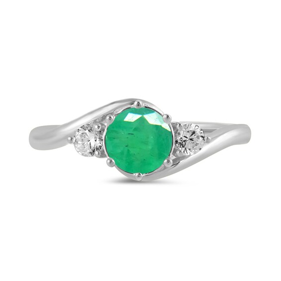 6.0mm Emerald and 1/5 CT. T.w. Lab-Grown Diamond Three Stone Bypass Ring in 14K White Gold