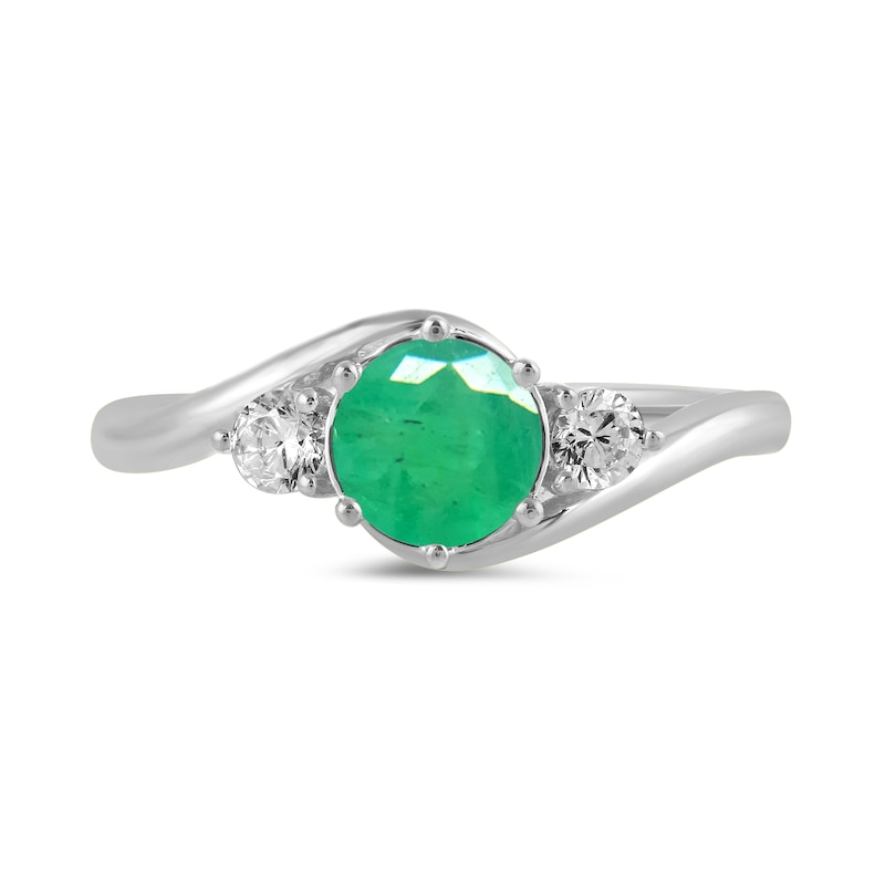Main Image 3 of 6.0mm Emerald and 1/5 CT. T.W. Lab-Grown Diamond Three Stone Bypass Ring in 14K White Gold