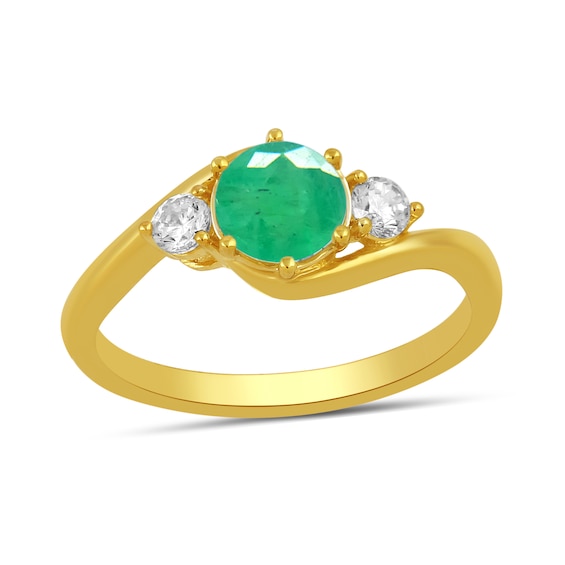 6.0mm Emerald and 1/5 CT. T.w. Lab-Grown Diamond Three Stone Bypass Ring in 14K Gold