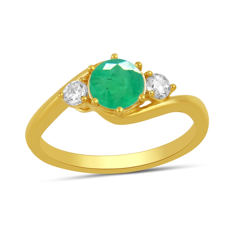 Main Image 1 of 6.0mm Emerald and 1/5 CT. T.W. Lab-Grown Diamond Three Stone Bypass Ring in 14K Gold