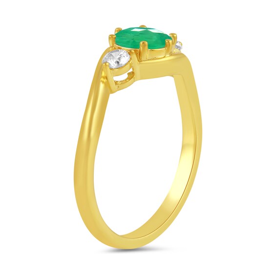 6.0mm Emerald and 1/5 CT. T.w. Lab-Grown Diamond Three Stone Bypass Ring in 14K Gold