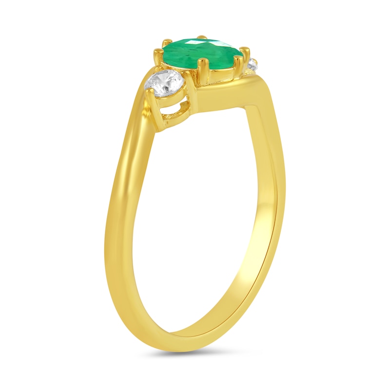 Main Image 2 of 6.0mm Emerald and 1/5 CT. T.W. Lab-Grown Diamond Three Stone Bypass Ring in 14K Gold
