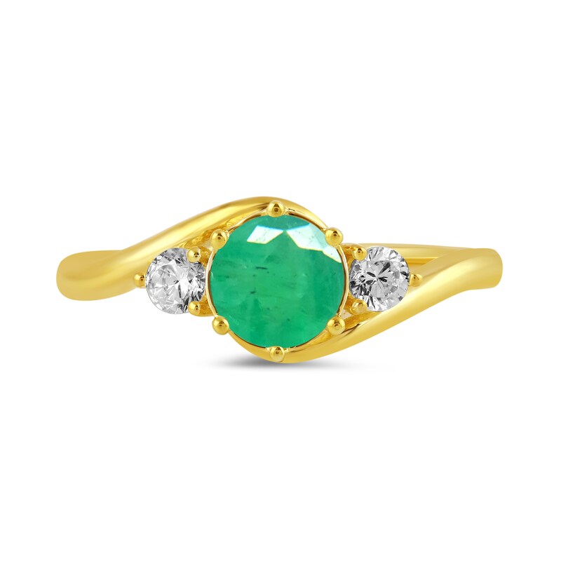 Main Image 3 of 6.0mm Emerald and 1/5 CT. T.W. Lab-Grown Diamond Three Stone Bypass Ring in 14K Gold