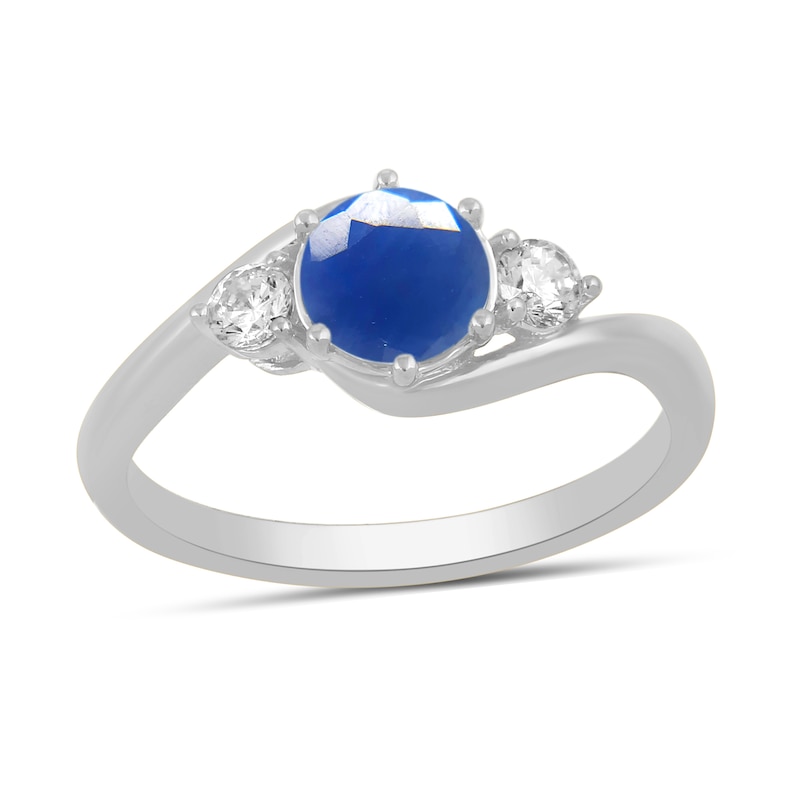 Main Image 1 of 6.0mm Blue Sapphire and 1/5 CT. T.W. Lab-Grown Diamond Three Stone Bypass Ring in 14K White Gold