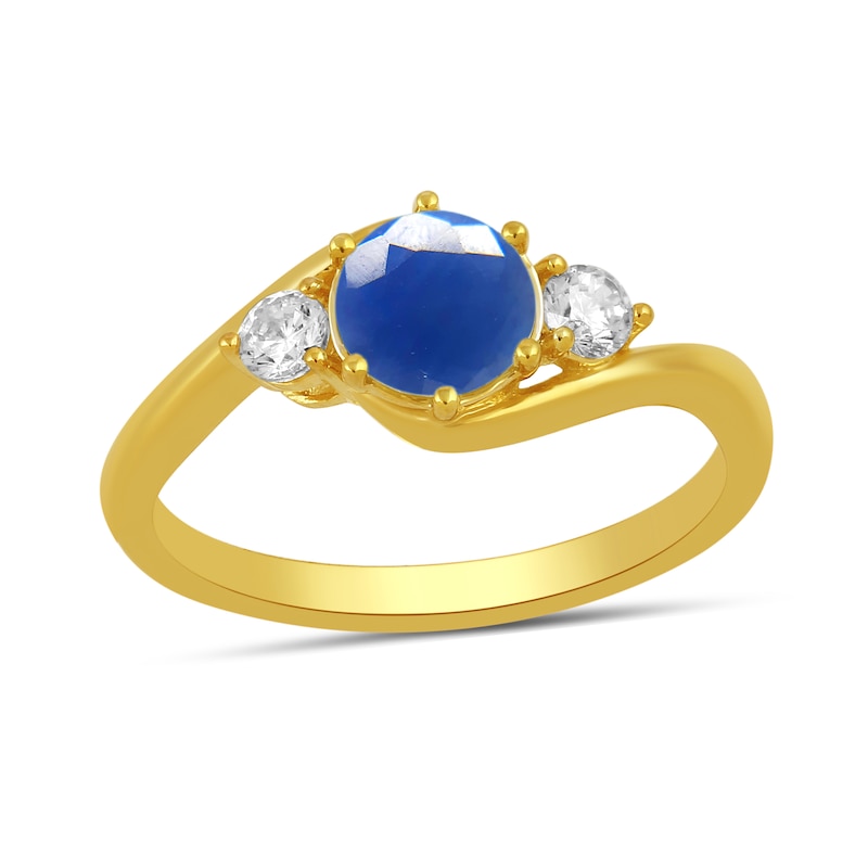 Main Image 1 of 6.0mm Blue Sapphire and 1/5 CT. T.W. Lab-Grown Diamond Three Stone Bypass Ring in 14K Gold