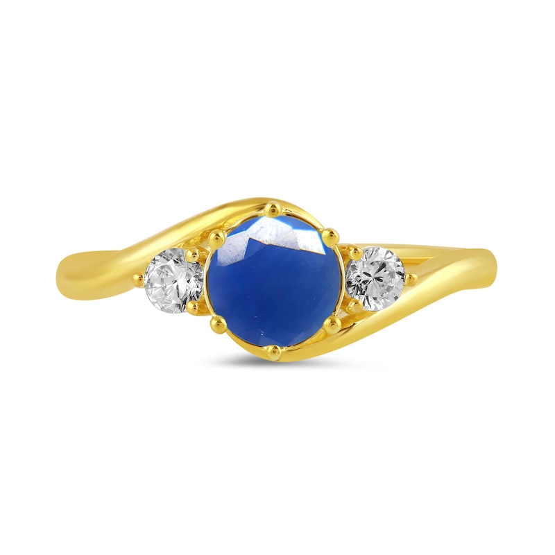 Main Image 3 of 6.0mm Blue Sapphire and 1/5 CT. T.W. Lab-Grown Diamond Three Stone Bypass Ring in 14K Gold