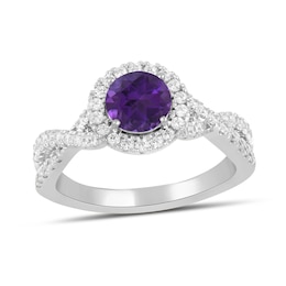 6.0mm Amethyst and 1/2 CT. T.W. Lab-Grown Diamond Frame Crossover Shank Ring in 14K White Gold