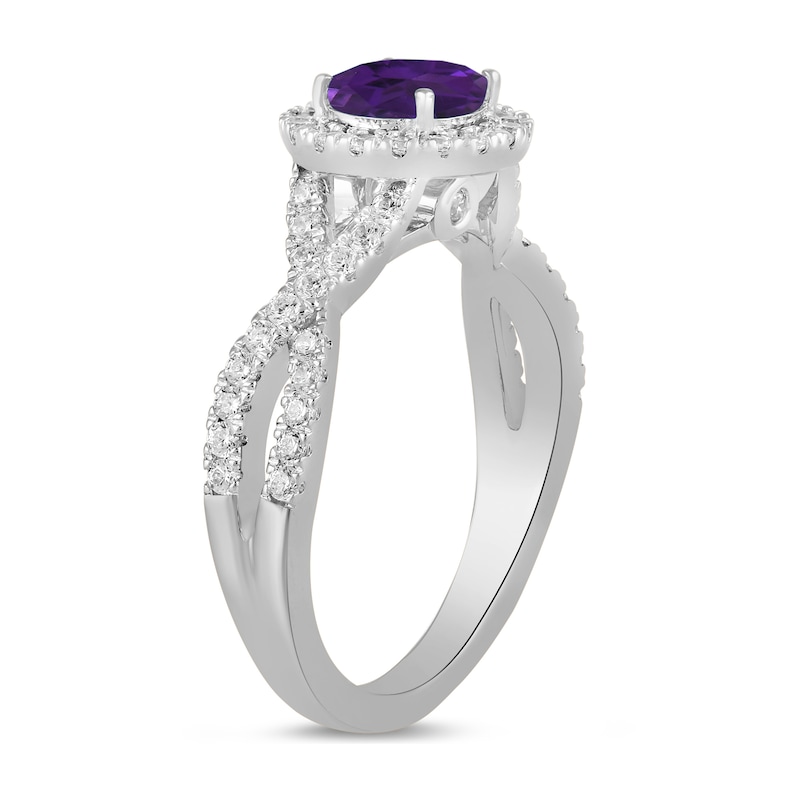 Main Image 2 of 6.0mm Amethyst and 1/2 CT. T.W. Lab-Grown Diamond Frame Crossover Shank Ring in 14K White Gold