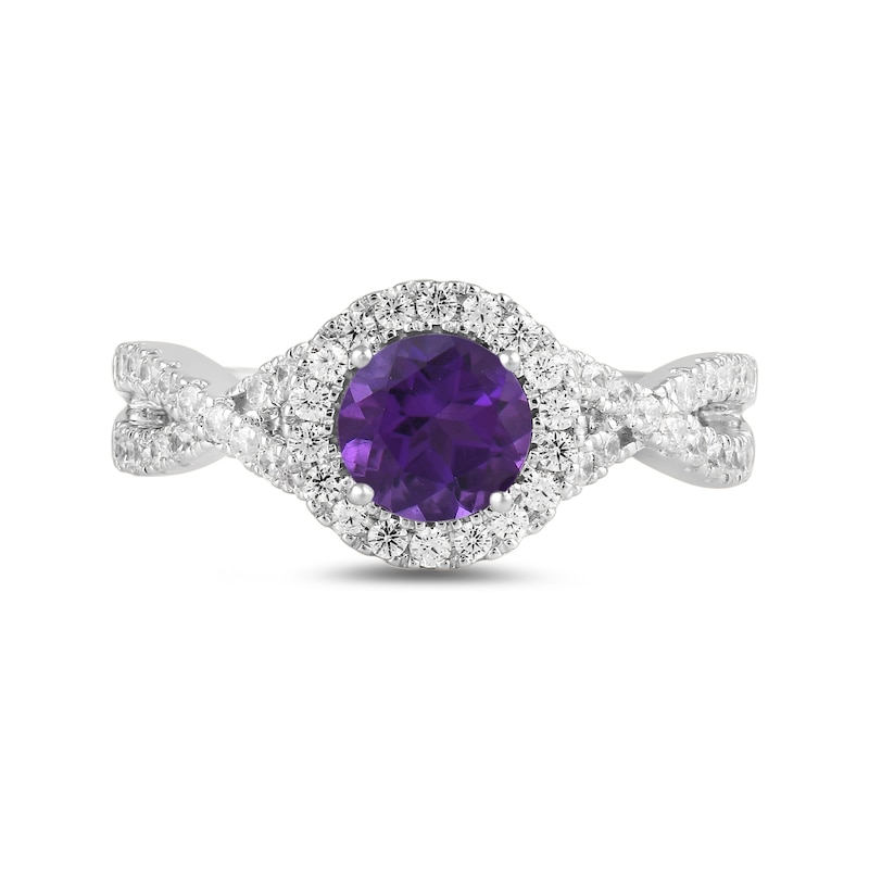 Main Image 3 of 6.0mm Amethyst and 1/2 CT. T.W. Lab-Grown Diamond Frame Crossover Shank Ring in 14K White Gold