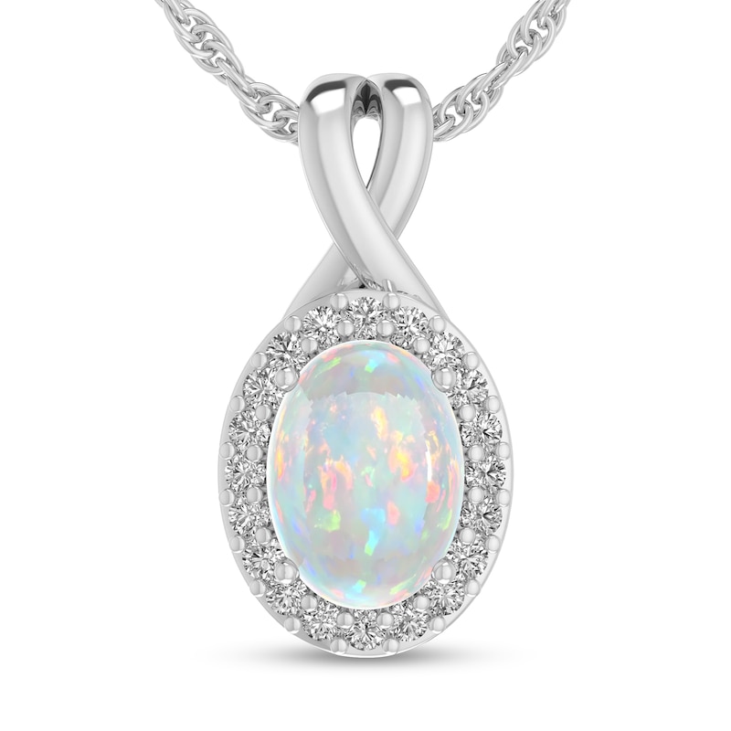 Main Image 1 of Oval Opal and 1/15 CT. T.W. Diamond Frame Split Bail Pendant in 10K White Gold
