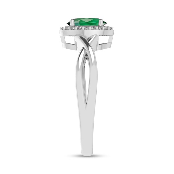 Oval Emerald and 1/15 CT. T.w. Diamond Frame Crossover Shank Ring in 10K White Gold