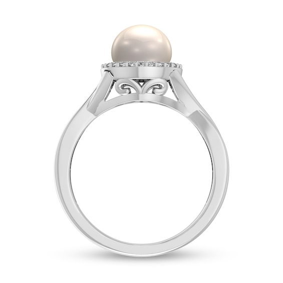 6.0mm Freshwater Cultured Pearl and 1/15 CT. T.w. Diamond Frame Crossover Shank Ring in 10K White Gold