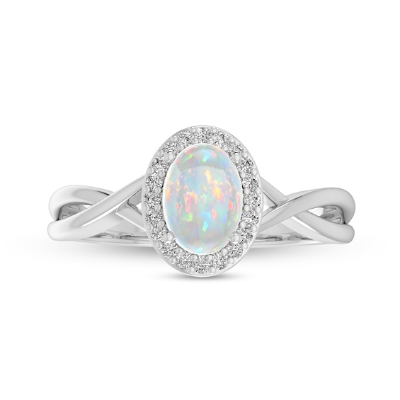 Oval Opal and 1/15 CT. T.w. Diamond Frame Crossover Shank Ring in 10K White Gold