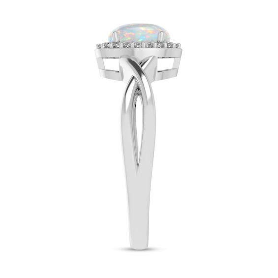 Oval Opal and 1/15 CT. T.w. Diamond Frame Crossover Shank Ring in 10K White Gold