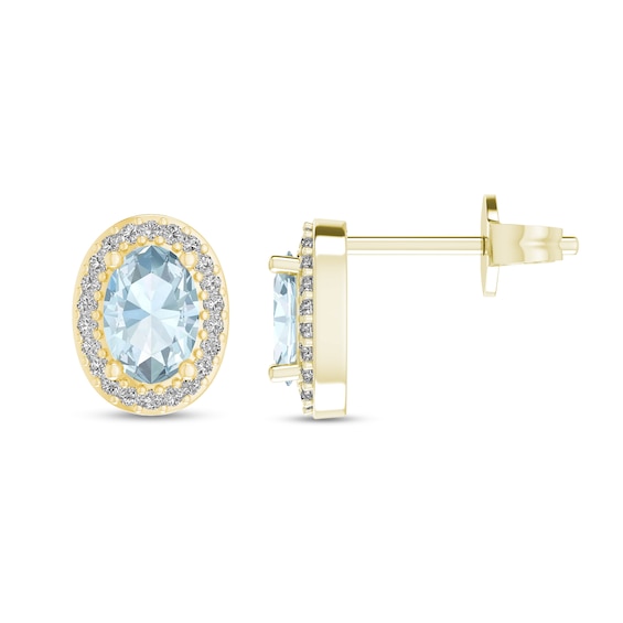 Oval Aquamarine and 1/10 CT. T.w. Diamond Frame Stud Earrings in 10K Gold