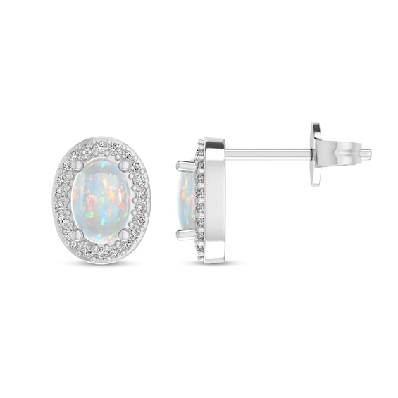Oval Opal and 1/10 CT. T.w. Diamond Frame Stud Earrings in 10K White Gold