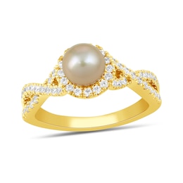 6.0mm Pink Freshwater Cultured Pearl and 1/2 CT. T.W. Lab-Grown Diamond Frame Crossover Shank Ring in 14K Gold