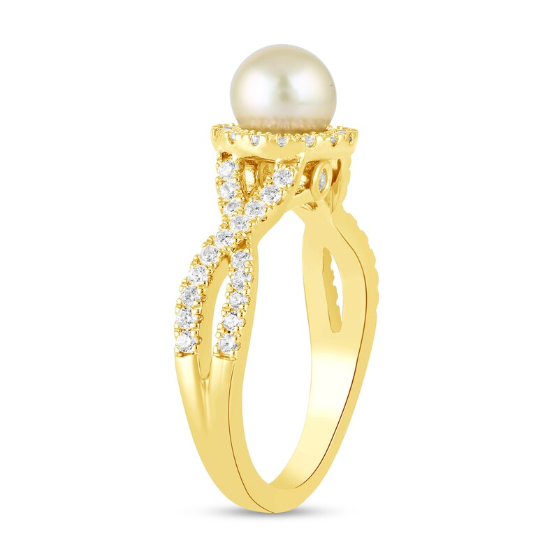 Main Image 2 of 6.0mm Pink Freshwater Cultured Pearl and 1/2 CT. T.W. Lab-Grown Diamond Frame Crossover Shank Ring in 14K Gold