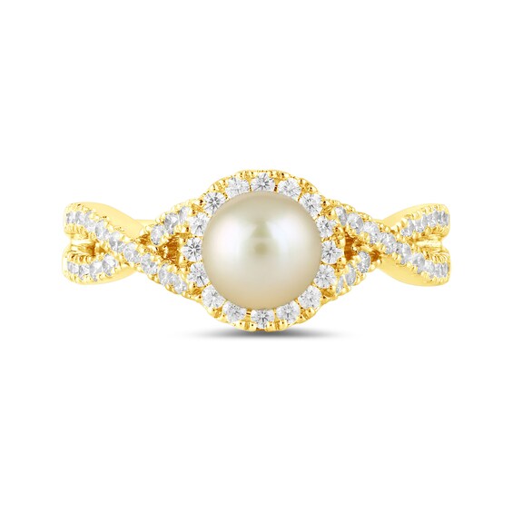6.0mm Pink Freshwater Cultured Pearl and 1/2 CT. T.w. Lab-Grown Diamond Frame Crossover Shank Ring in 14K Gold
