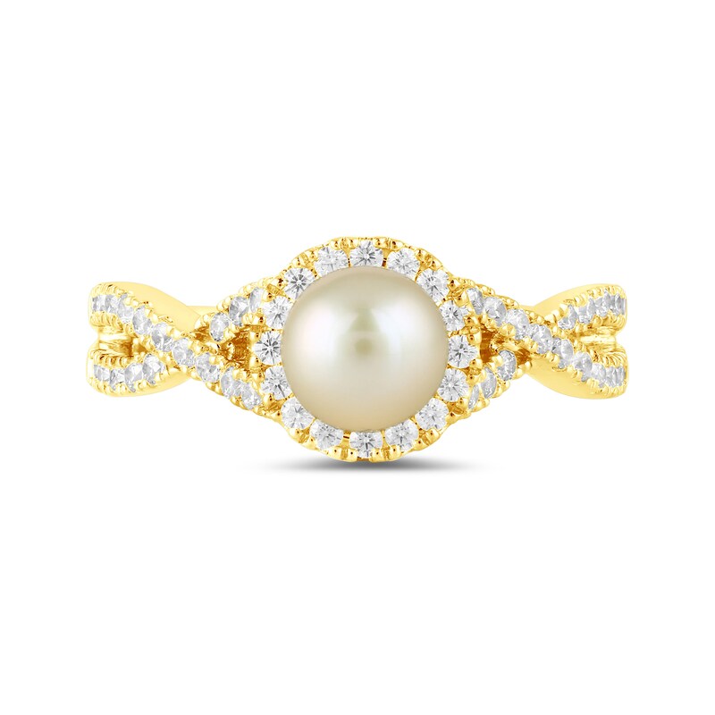 Main Image 3 of 6.0mm Pink Freshwater Cultured Pearl and 1/2 CT. T.W. Lab-Grown Diamond Frame Crossover Shank Ring in 14K Gold
