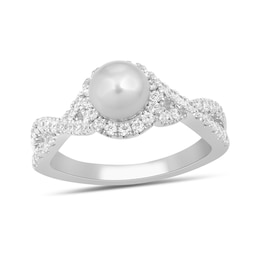 6.0mm Freshwater Cultured Pearl and 1/2 CT. T.W. Lab-Grown Diamond Frame Crossover Shank Ring in 14K White Gold