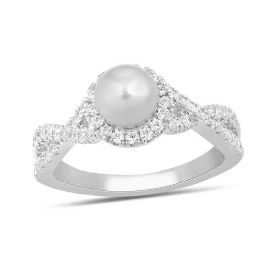 6.0mm Freshwater Cultured Pearl and 1/2 CT. T.w. Lab-Grown Diamond Frame Crossover Shank Ring in 14K White Gold