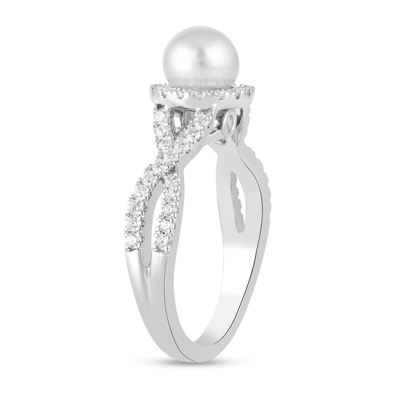 Main Image 2 of 6.0mm Freshwater Cultured Pearl and 1/2 CT. T.W. Lab-Grown Diamond Frame Crossover Shank Ring in 14K White Gold