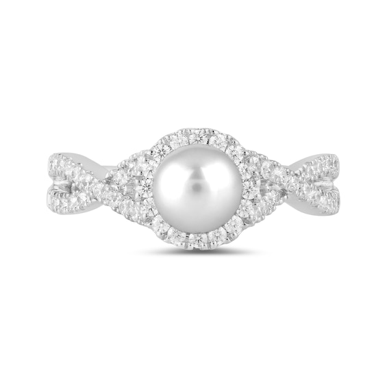 6.0mm Freshwater Cultured Pearl and 1/2 CT. T.w. Lab-Grown Diamond Frame Crossover Shank Ring in 14K White Gold
