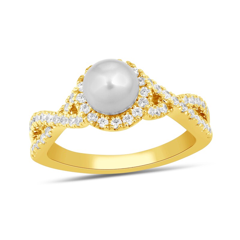 Main Image 1 of 6.0mm Freshwater Cultured Pearl and 1/2 CT. T.W. Lab-Grown Diamond Frame Crossover Shank Ring in 14K Gold