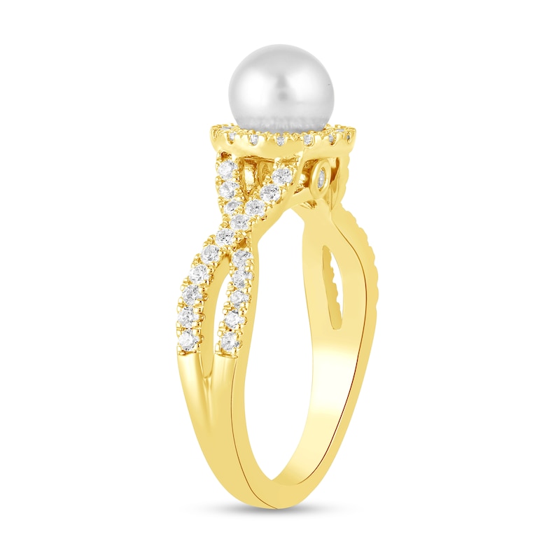 Main Image 2 of 6.0mm Freshwater Cultured Pearl and 1/2 CT. T.W. Lab-Grown Diamond Frame Crossover Shank Ring in 14K Gold
