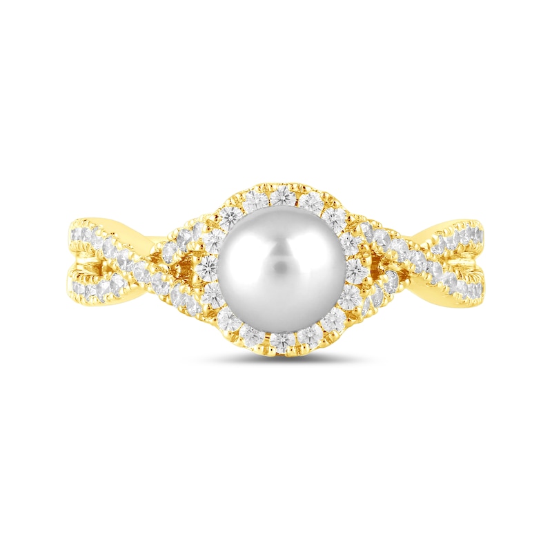 Main Image 3 of 6.0mm Freshwater Cultured Pearl and 1/2 CT. T.W. Lab-Grown Diamond Frame Crossover Shank Ring in 14K Gold
