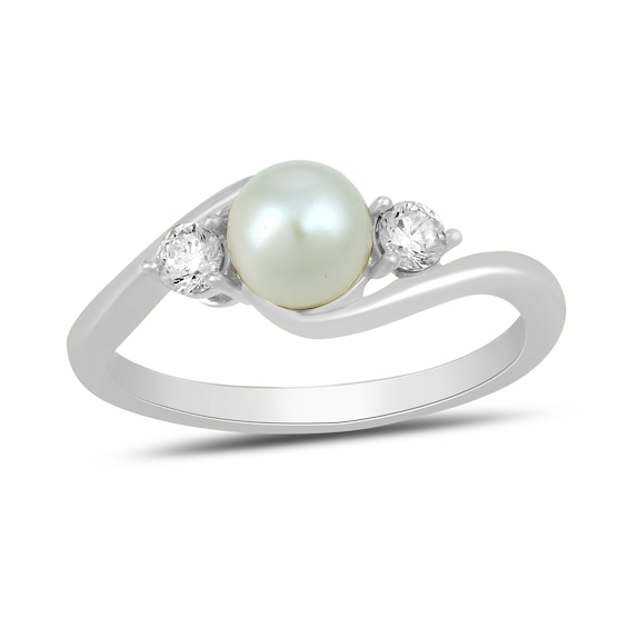 6.0mm Freshwater Cultured Pearl and 1/5 CT. T.w. Lab-Grown Diamond Three Stone Bypass Ring in 14K White Gold