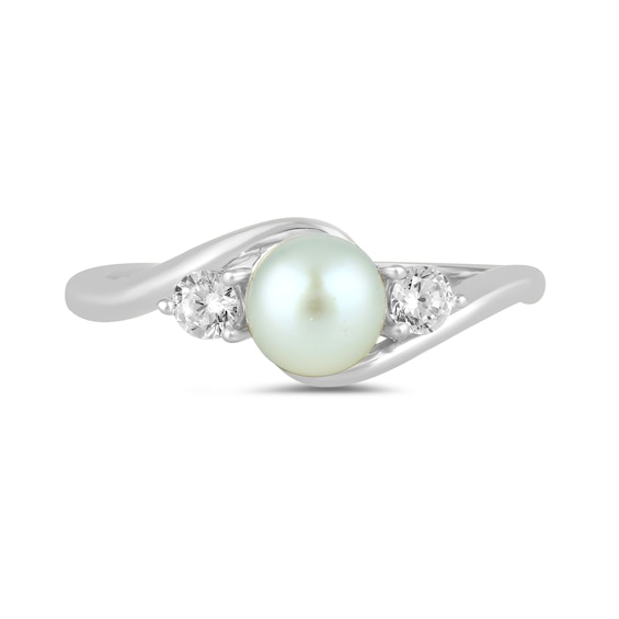 6.0mm Freshwater Cultured Pearl and 1/5 CT. T.w. Lab-Grown Diamond Three Stone Bypass Ring in 14K Gold