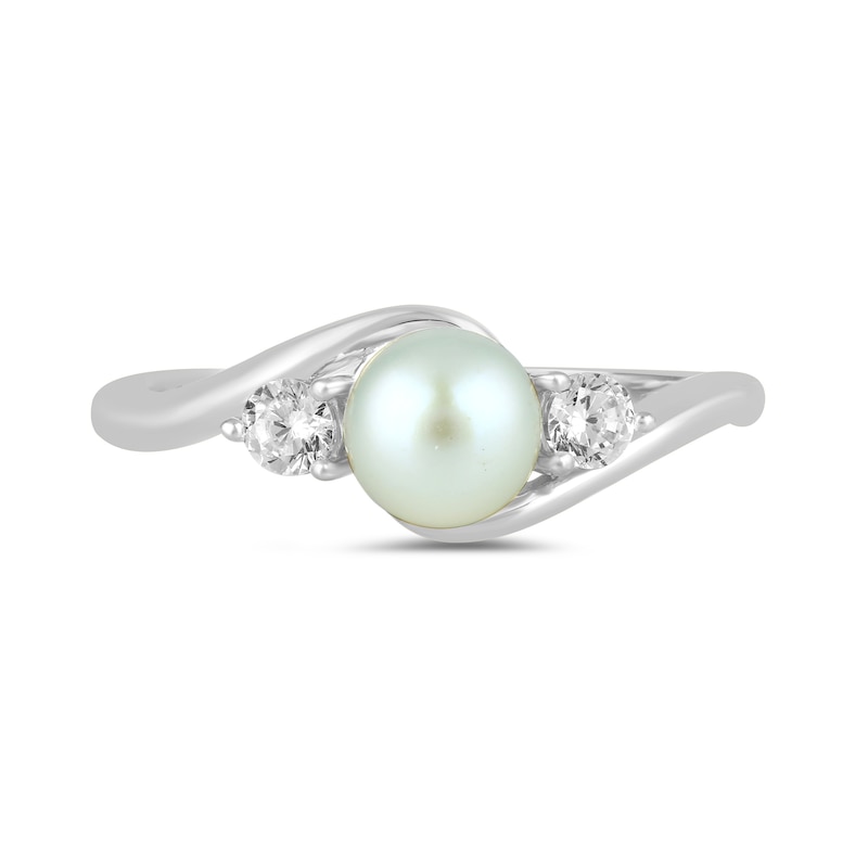 Main Image 3 of 6.0mm Freshwater Cultured Pearl and 1/5 CT. T.W. Lab-Grown Diamond Three Stone Bypass Ring in 14K White Gold