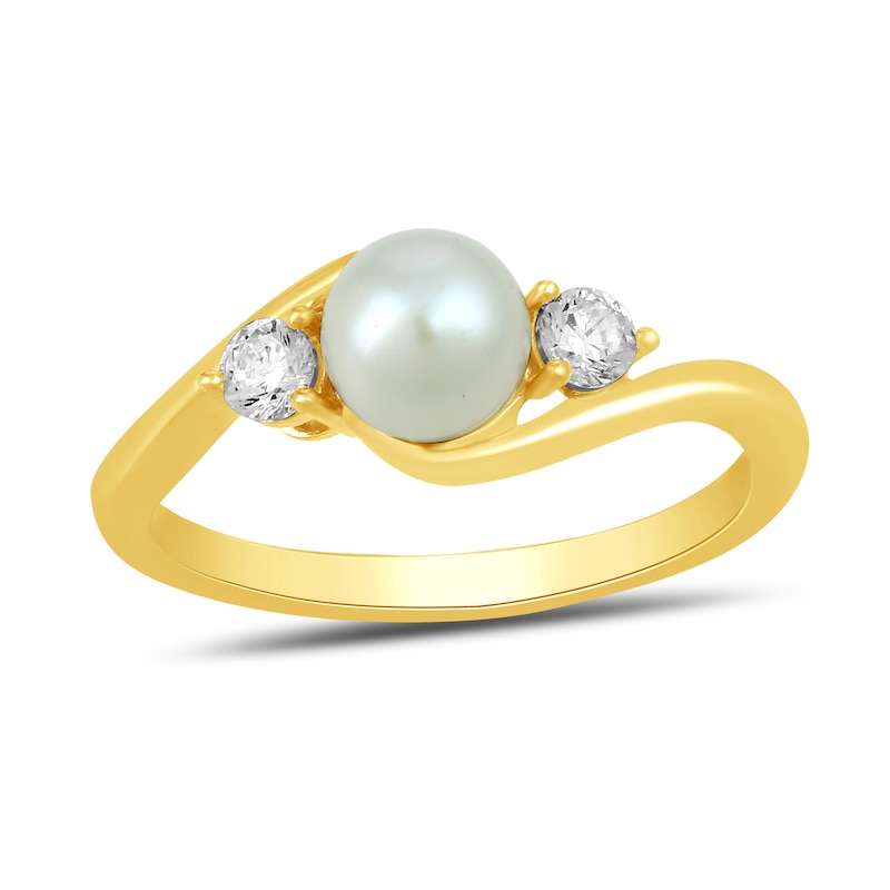 Main Image 1 of 6.0mm Freshwater Cultured Pearl and 1/5 CT. T.W. Lab-Grown Diamond Three Stone Bypass Ring in 14K Gold