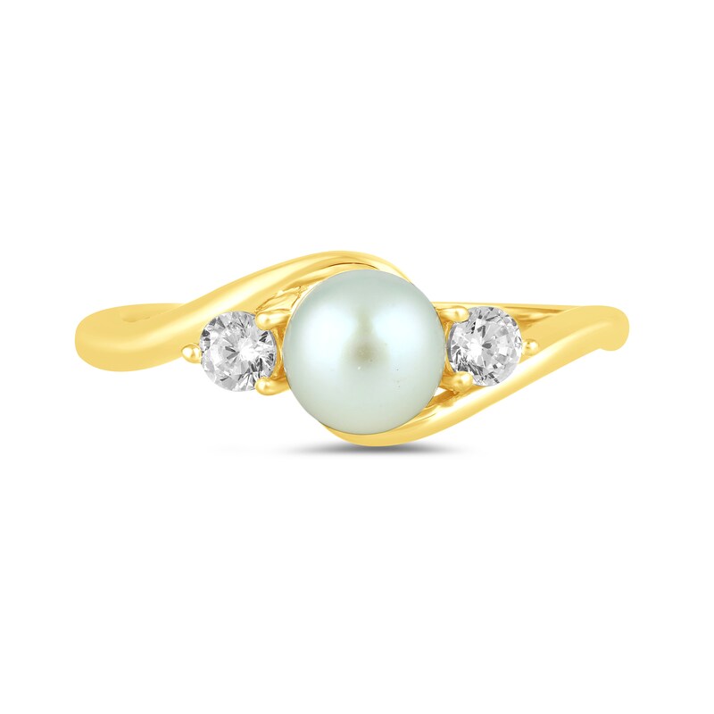 Main Image 3 of 6.0mm Freshwater Cultured Pearl and 1/5 CT. T.W. Lab-Grown Diamond Three Stone Bypass Ring in 14K Gold