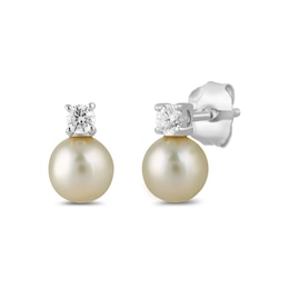 6.0mm Pink Freshwater Cultured Pearl and 1/6 CT. T.W. Lab-Grown Diamond Stacked Stud Earrings in 14K White Gold