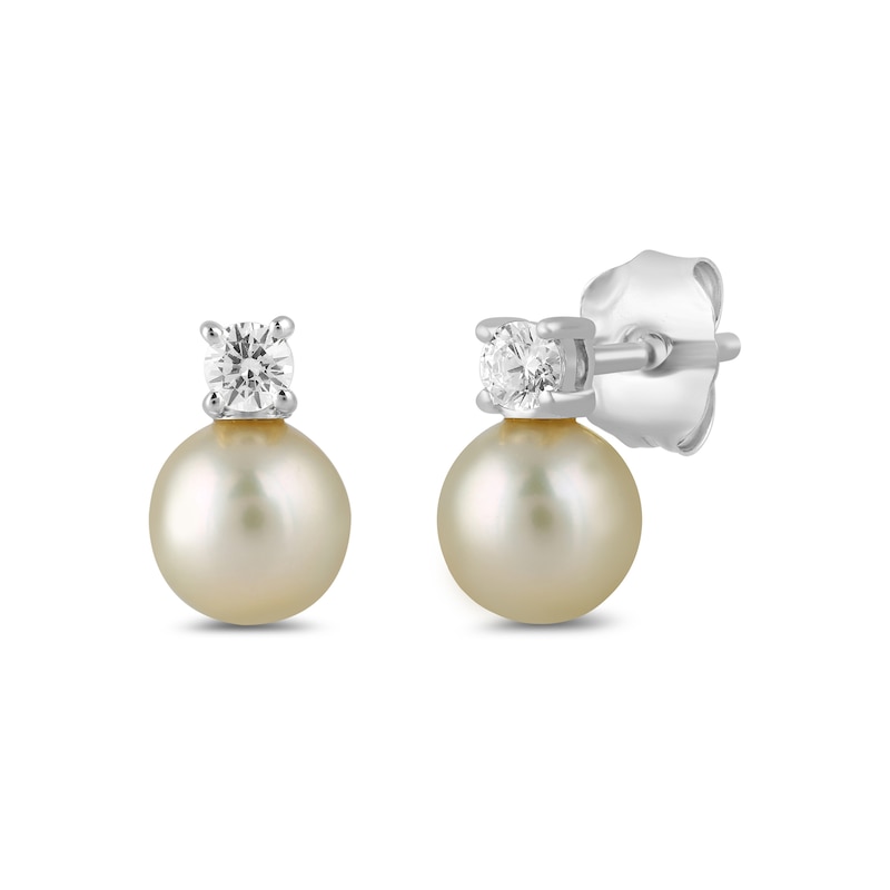 Main Image 1 of 6.0mm Pink Freshwater Cultured Pearl and 1/6 CT. T.W. Lab-Grown Diamond Stacked Stud Earrings in 14K White Gold