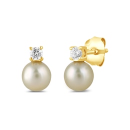 6.0mm Pink Freshwater Cultured Pearl and 1/6 CT. T.W. Lab-Grown Diamond Stacked Stud Earrings in 14K Gold