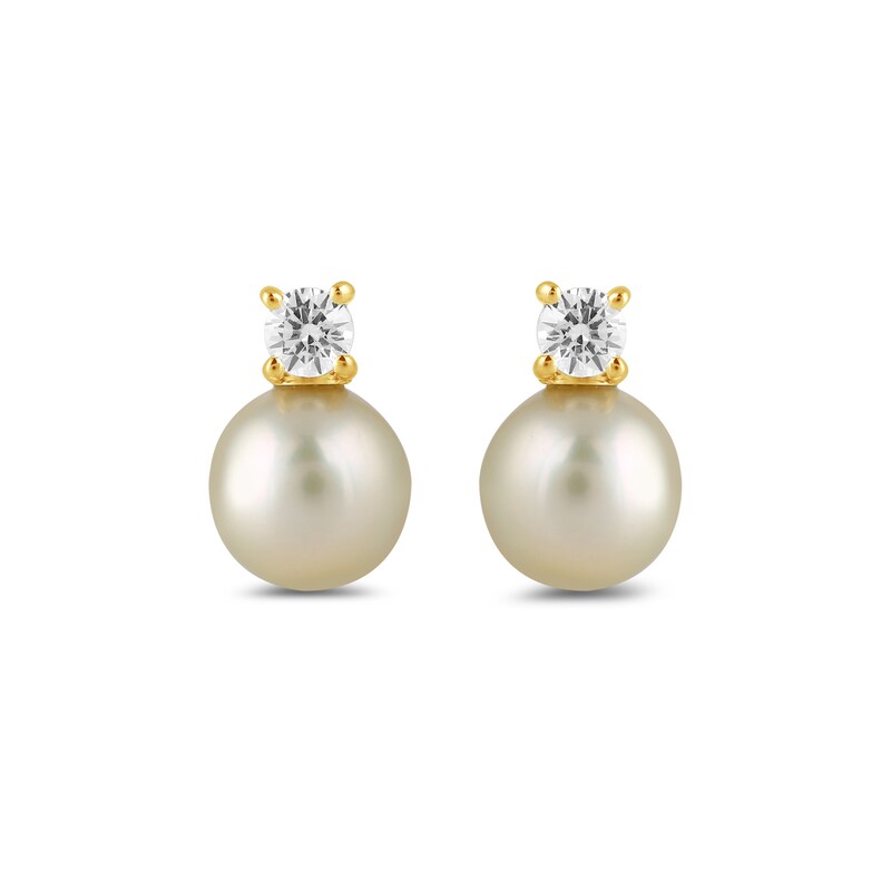 Main Image 2 of 6.0mm Pink Freshwater Cultured Pearl and 1/6 CT. T.W. Lab-Grown Diamond Stacked Stud Earrings in 14K Gold
