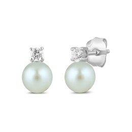 6.0mm Freshwater Cultured Pearl and 1/6 CT. T.W. Lab-Grown Diamond Stacked Stud Earrings in 14K White Gold