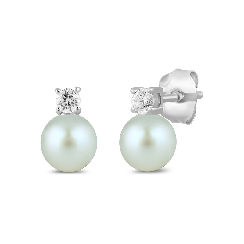 Main Image 1 of 6.0mm Freshwater Cultured Pearl and 1/6 CT. T.W. Lab-Grown Diamond Stacked Stud Earrings in 14K White Gold