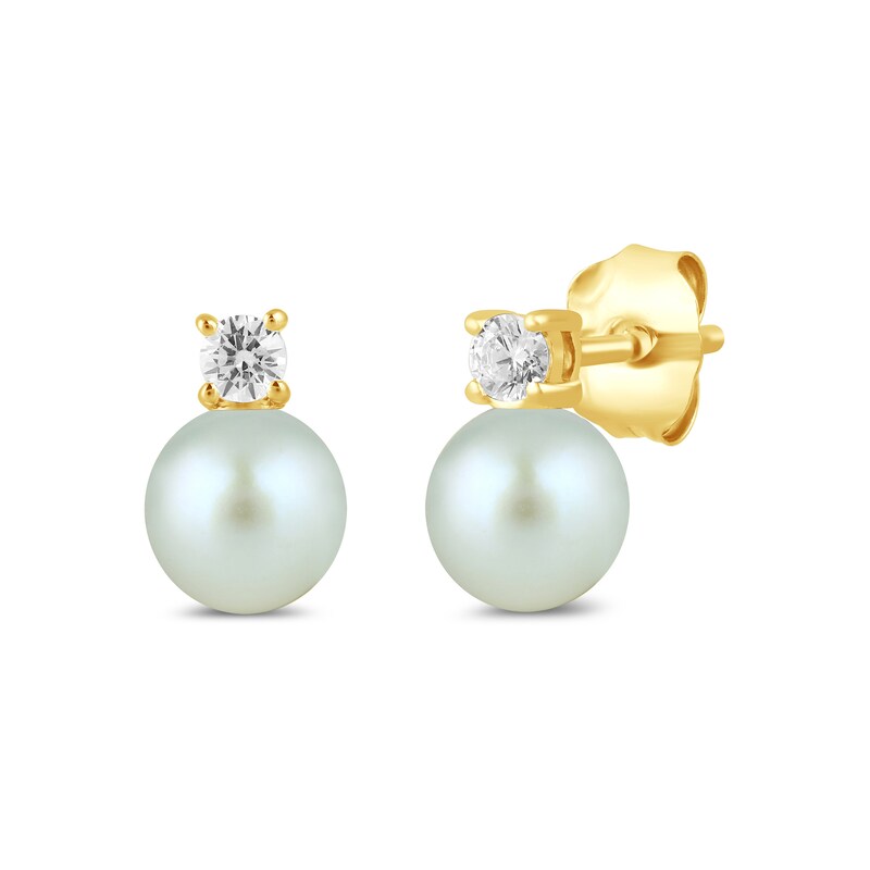 Main Image 1 of 6.0mm Freshwater Cultured Pearl and 1/6 CT. T.W. Lab-Created Diamond Stacked Stud Earrings in 14K Gold
