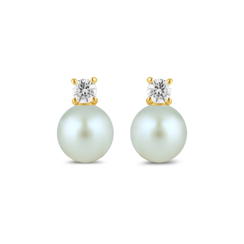 Main Image 2 of 6.0mm Freshwater Cultured Pearl and 1/6 CT. T.W. Lab-Created Diamond Stacked Stud Earrings in 14K Gold