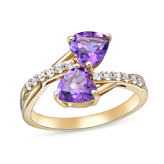 6.0mm Heart-Shaped Amethyst and White Lab-Created Sapphire Toi et Moi Ring in Sterling Silver with 18K Gold Plate