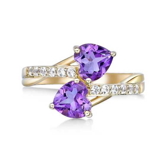 6.0mm Heart-Shaped Amethyst and White Lab-Created Sapphire Toi et Moi Ring Sterling Silver with 18K Gold Plate