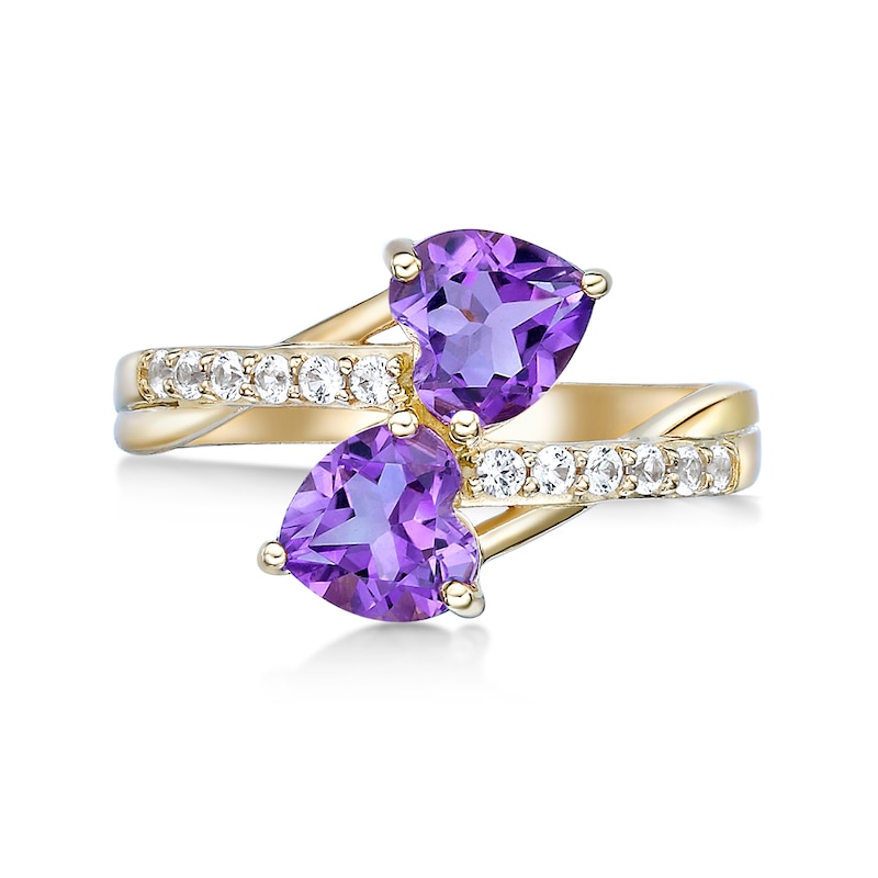 Main Image 2 of 6.0mm Heart-Shaped Amethyst and White Lab-Created Sapphire Toi et Moi Ring in Sterling Silver with 18K Gold Plate