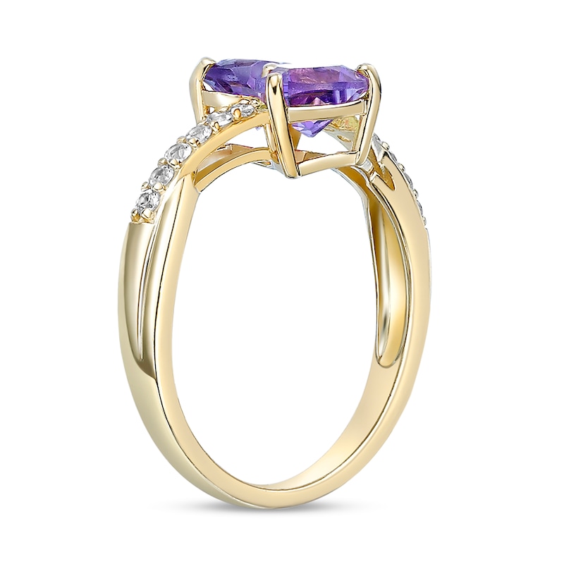 Main Image 3 of 6.0mm Heart-Shaped Amethyst and White Lab-Created Sapphire Toi et Moi Ring in Sterling Silver with 18K Gold Plate